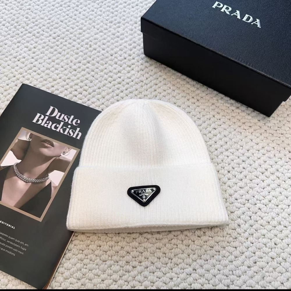 Prada Logo Ribbed Knit Beanie White